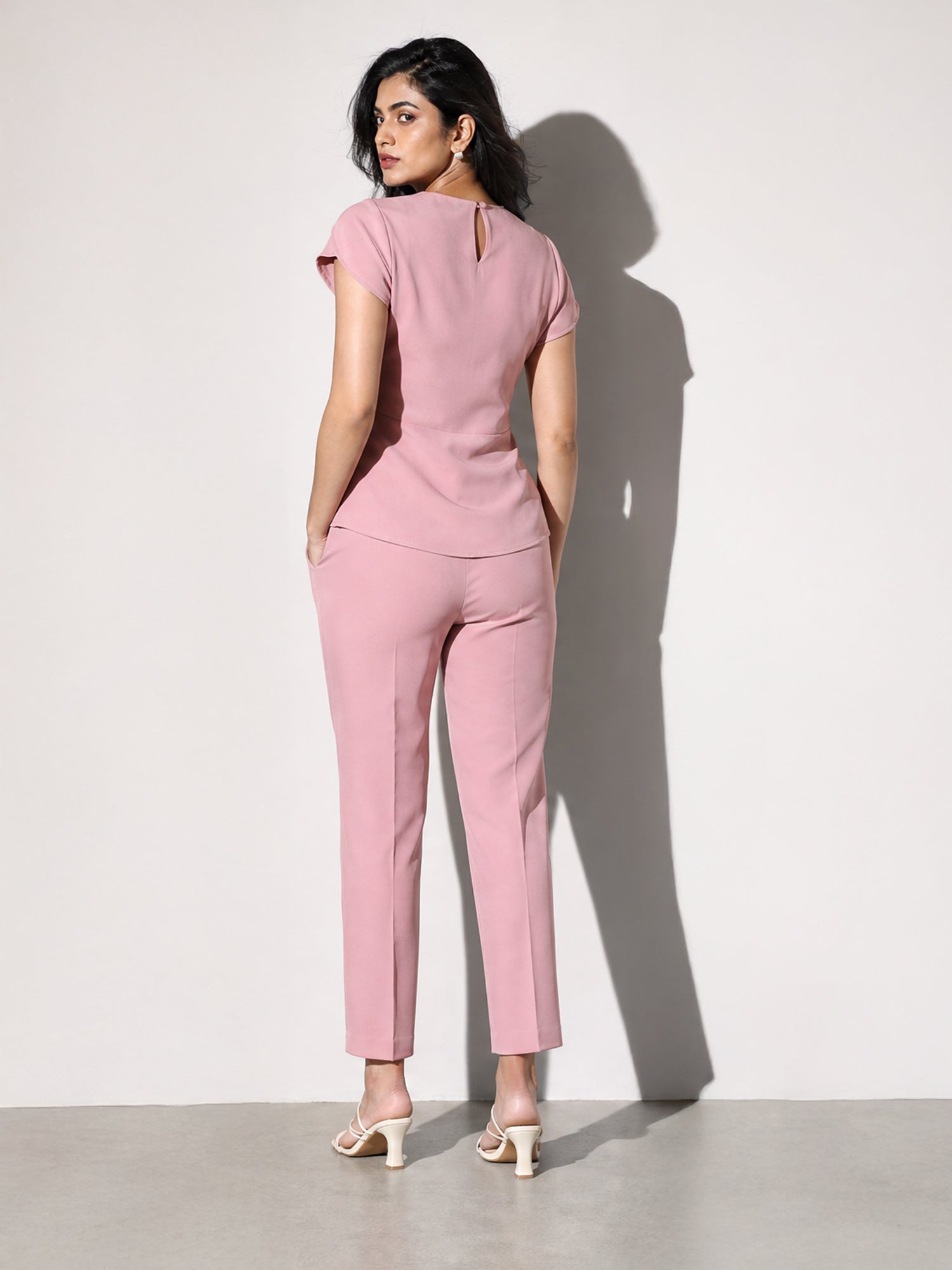 Exude Iconic Asymetrical Top with Straight Fit Trouser Co-ord (Dusty Pink)
