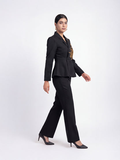 Exude Scarlet Bloom Embroidered Blazer Set (Black)