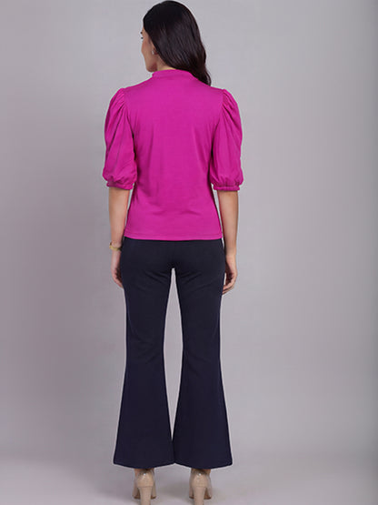 Exude Glamour Puffed Sleeves T-shirt (Hot Pink)