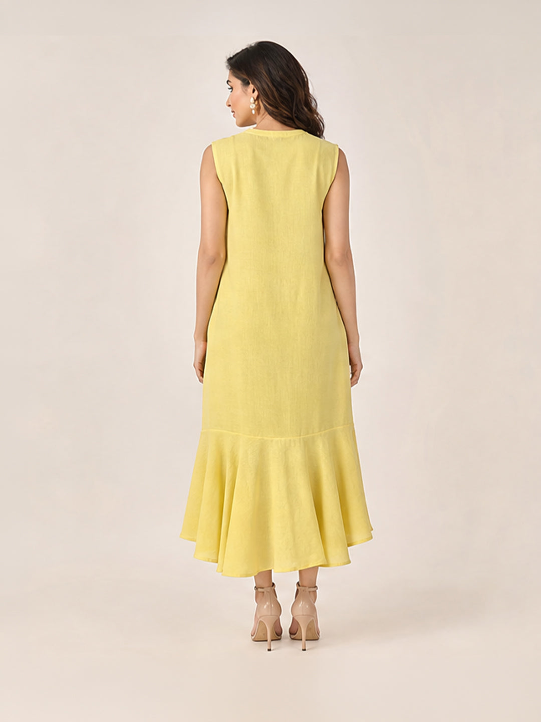 Yellow Solid Sleeveless Ruffle A-Line Dress