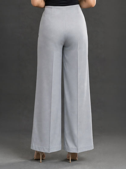 Grey High-Waist Wide Leg Trousers with Tie Belt
