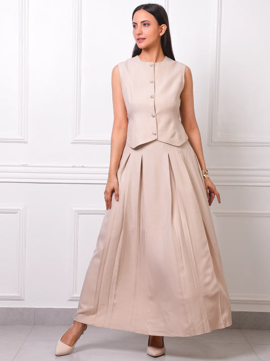 Beige Linen Pearl Button Vest & Pleated Maxi Skirt Co-ord Set