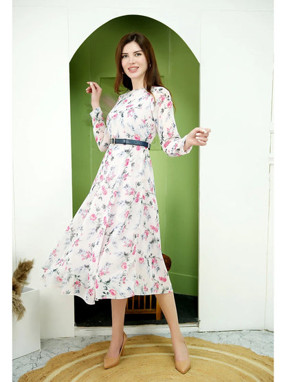 Exude Sunshine A-Line Georgette Dress with Belt Pink Dresses