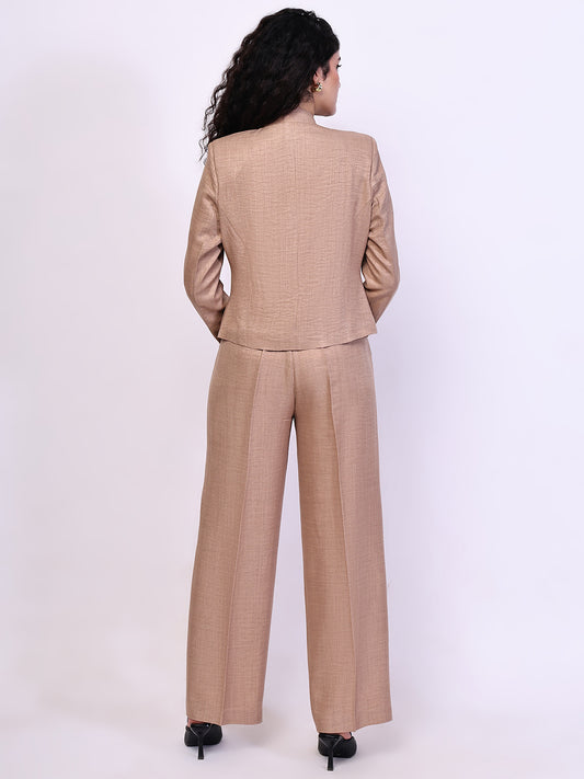 Exude Power Mandarin Collar Linen Blazer with Straight Fit Trousers (Beige)