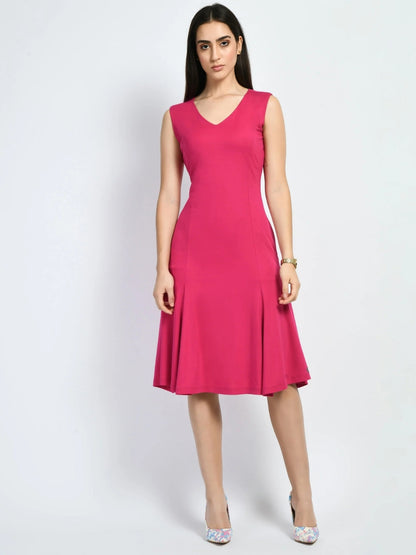 Exude Appeal Flared V-neck Dress Hot Pink Dresses