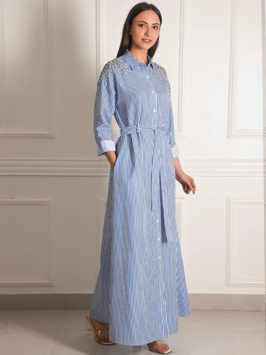Exude Riviera Embellished Stripe Shirt Maxi Dress