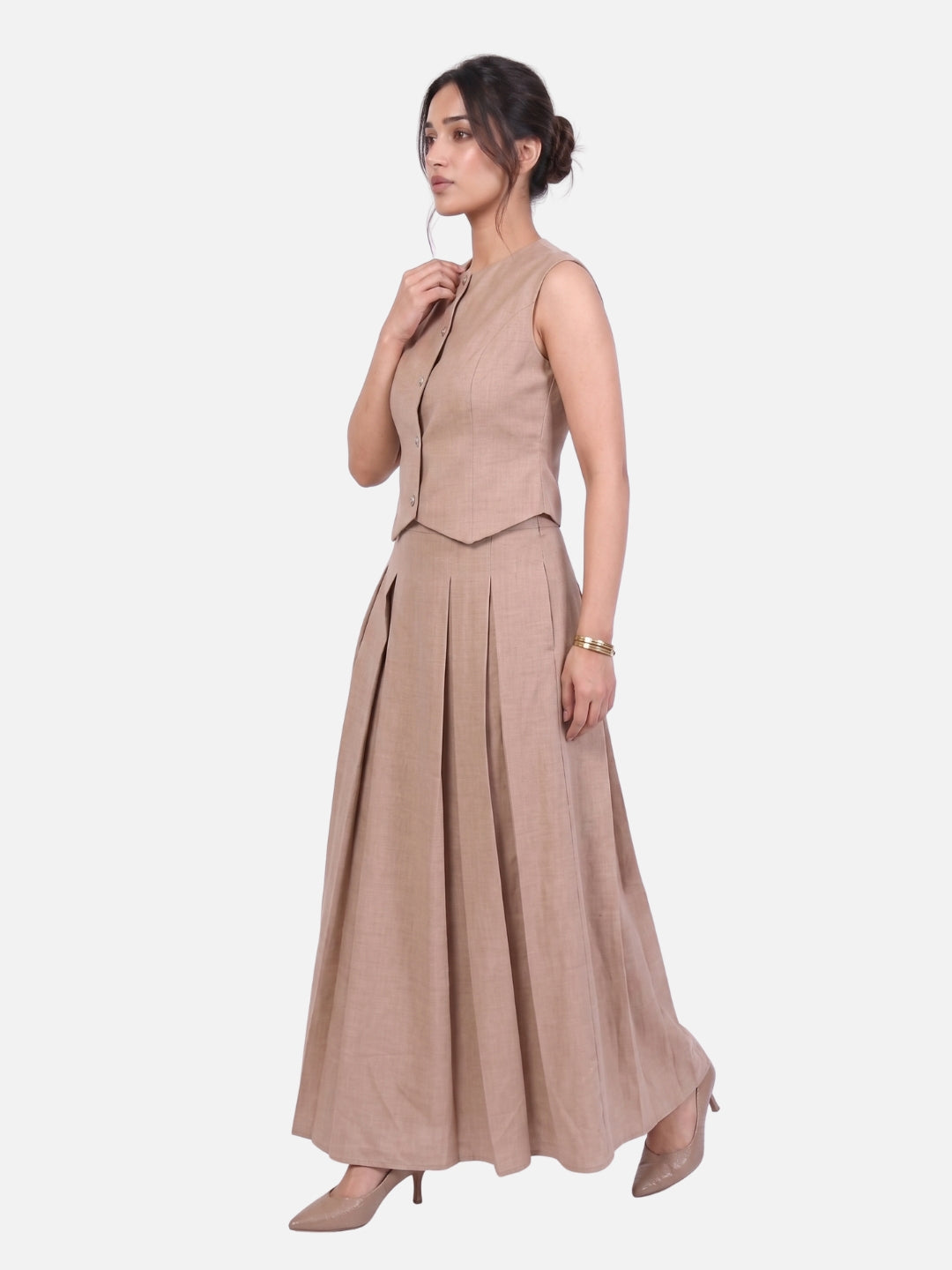 Beige Linen Pearl Button Vest &amp; Pleated Maxi Skirt Co-ord Set