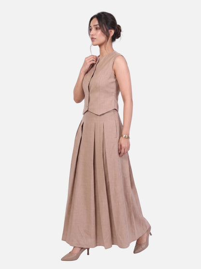 Beige Linen Pearl Button Vest &amp; Pleated Maxi Skirt Co-ord Set