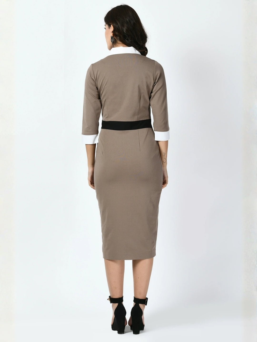Exude Paramount Shirt Colour blocked Sheath Dress Camel Beige Dresses