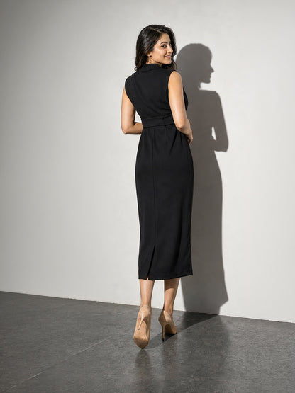 Noir Shawl-Collar Belted Wrap Dress