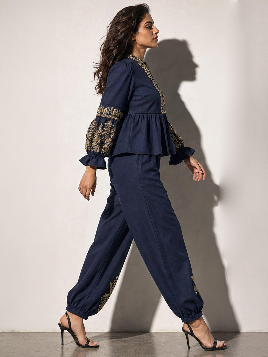 Navy Blue Embroidered Peplum Top &amp; Pants Co-ord Set
