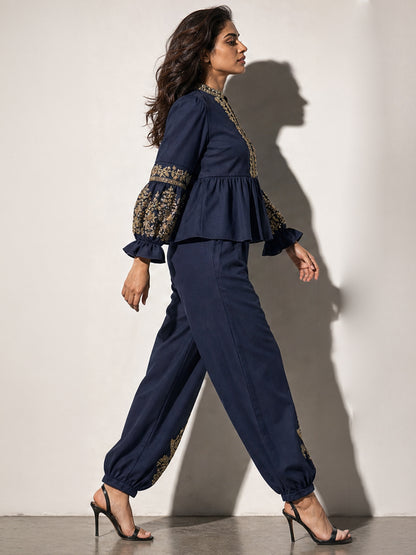 Navy Blue Embroidered Peplum Top &amp; Pants Co-ord Set