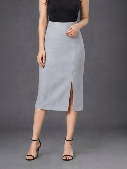 Grey High-Waist Midi Pencil Skirt with Front Slit