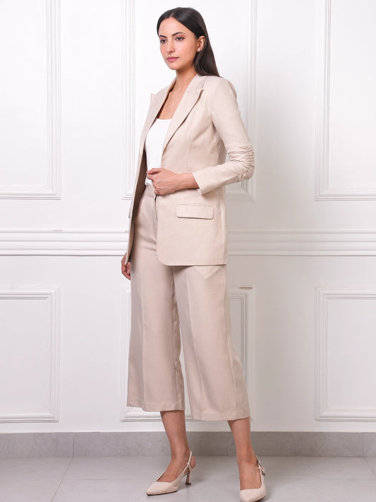 Beige Linen Blazer & Culottes Co-ord Set