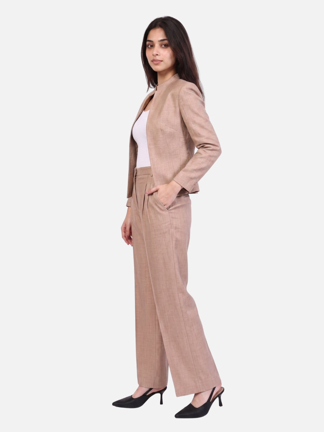 Exude Power Mandarin Collar Linen Blazer with Straight Fit Trousers (Beige)