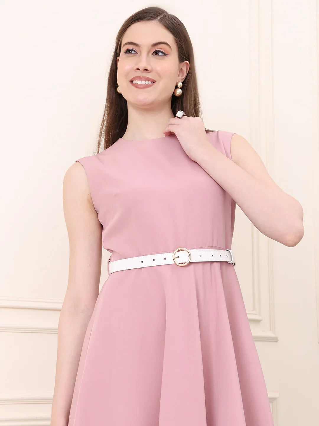 strapless open back dress Exude Warmth Fit & Flare Dress with Belt (Blush Pink)