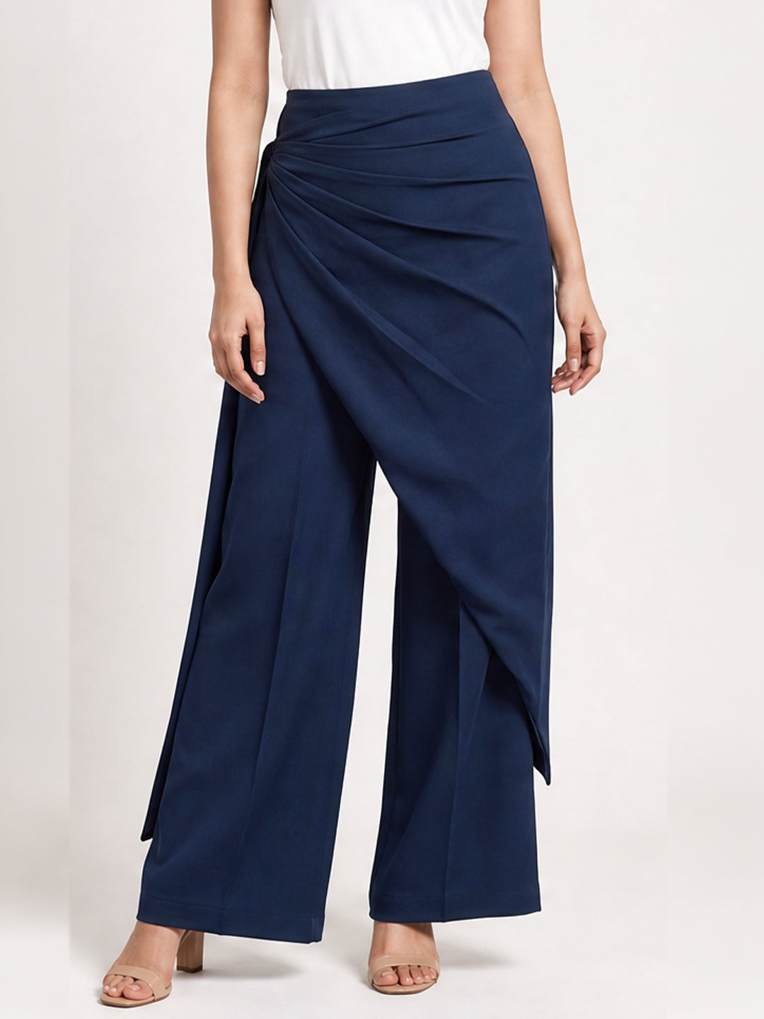 Navy Blue Draped Wrap Wide Leg Trousers with Tie Detail