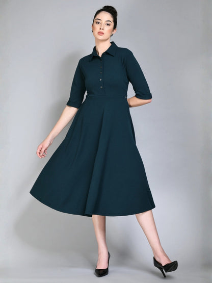 Exude Serenity Fit and Flared Shirt Midi Dress Emerald Green Dresses