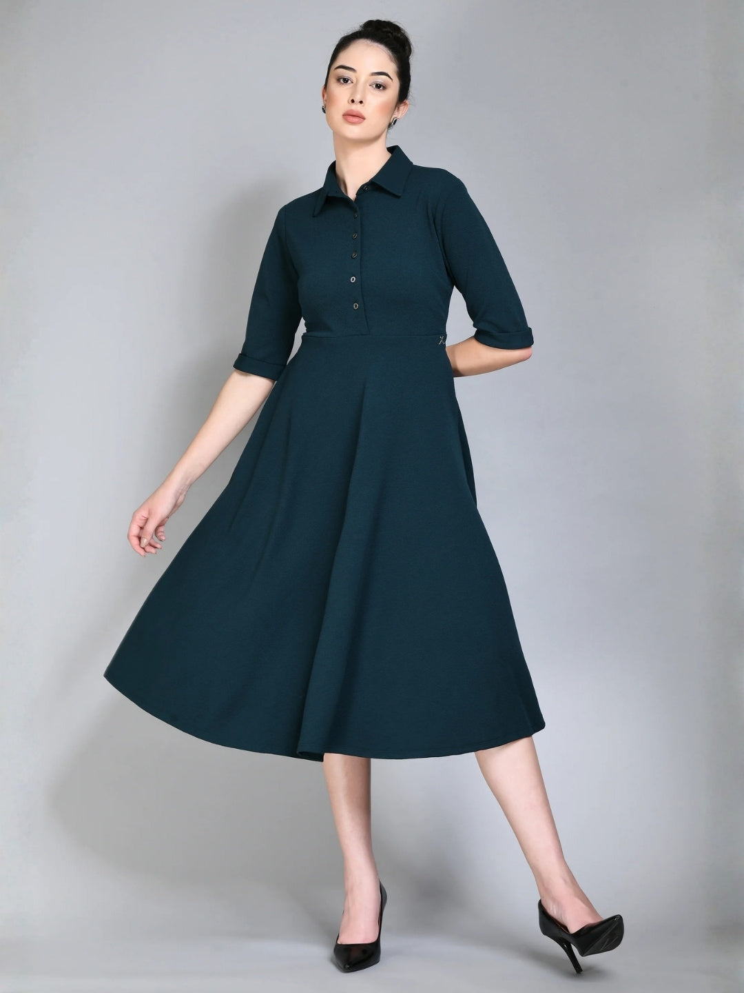 Exude Serenity Fit and Flared Shirt Midi Dress (Emerald Green)