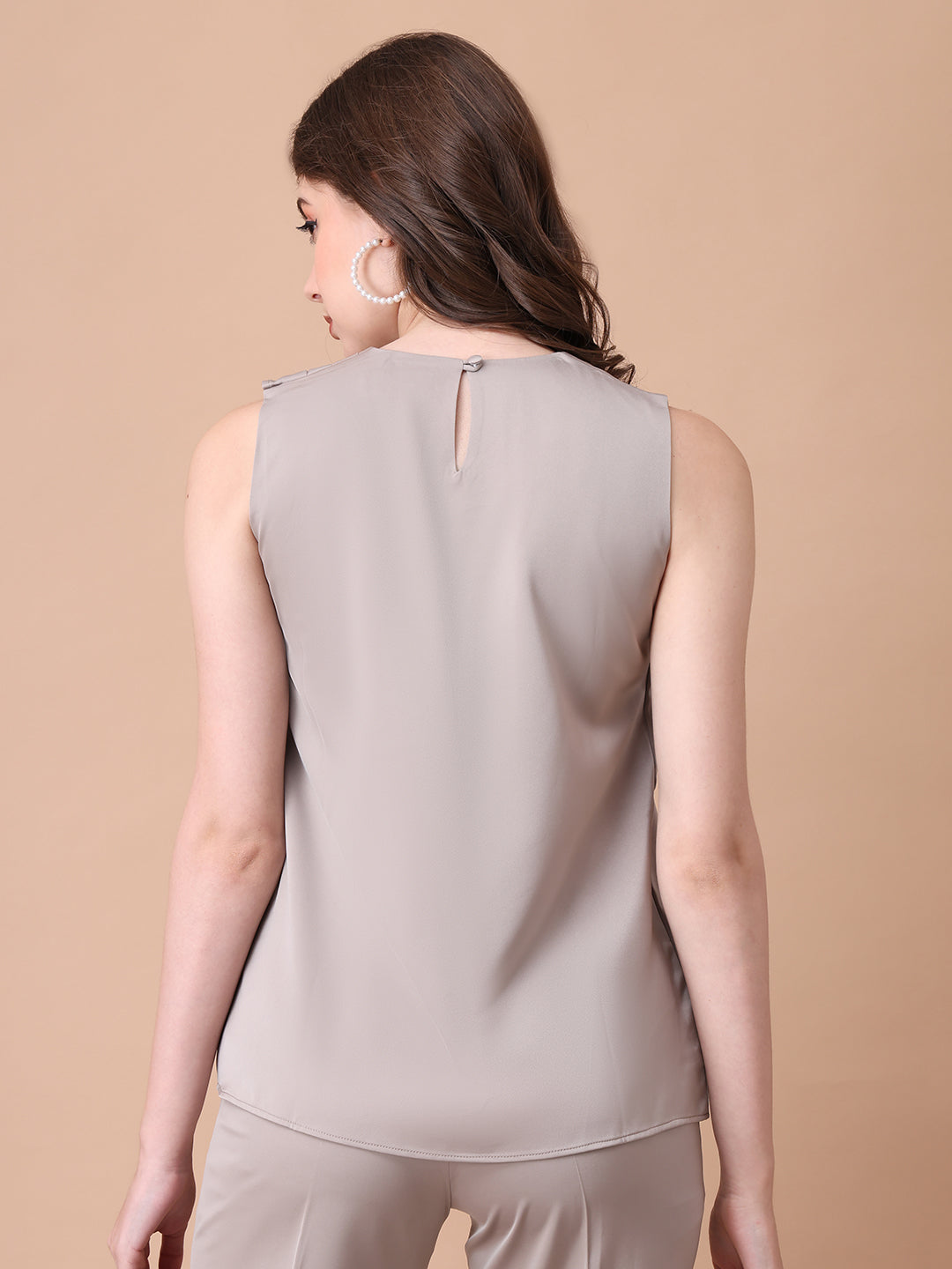 Exude Infinite Femme Satin Sleeveless Top with Front Side Overlay  (Light Beige)