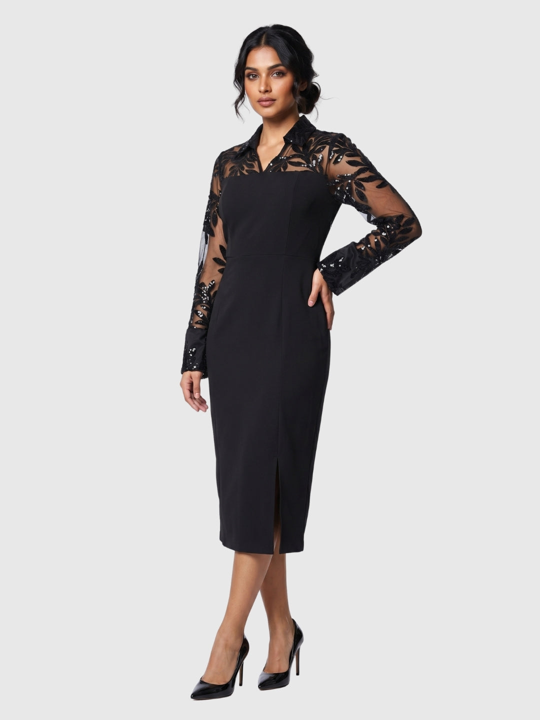 Exude Marina Noir Sequin Sheer-Sleeve Dress