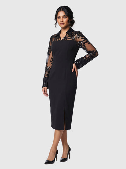 Exude Marina Noir Sequin Sheer-Sleeve Dress