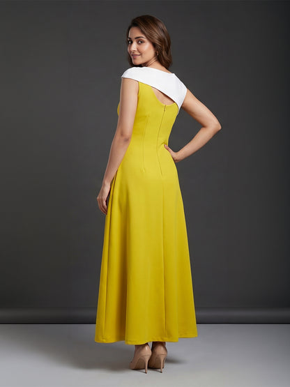 Yellow &amp; White Colour-block Maxi Dress with Cutout Detail
