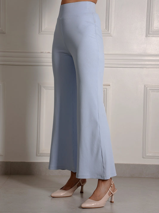 Sky Blue Ribbed High-Waist Flare Pants