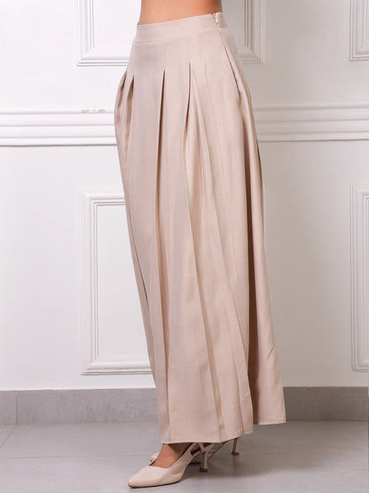 Beige Linen Pleated A-Line Maxi Skirt