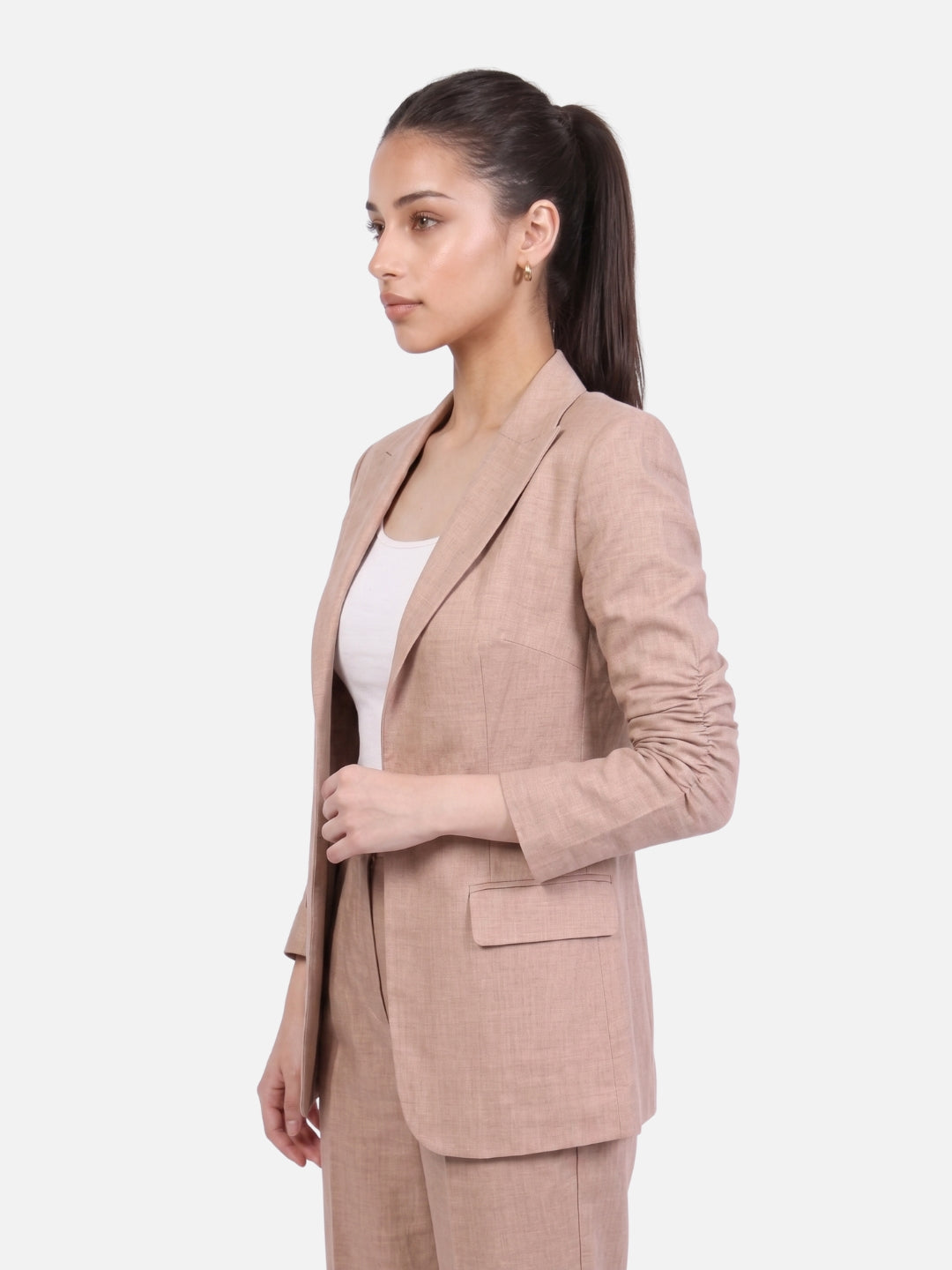 Beige Linen Blend Open Front Blazer