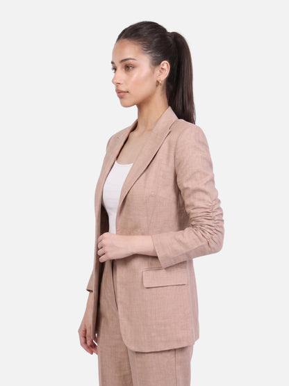 Beige Linen Blend Open Front Blazer