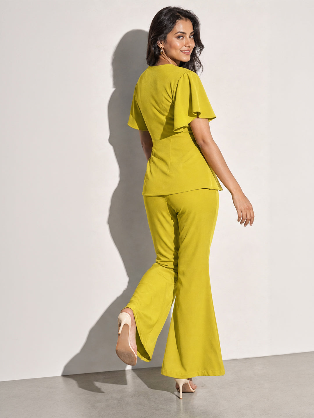 Lime Green Flutter Sleeve Top &amp; Flared Pants Co-ord Set