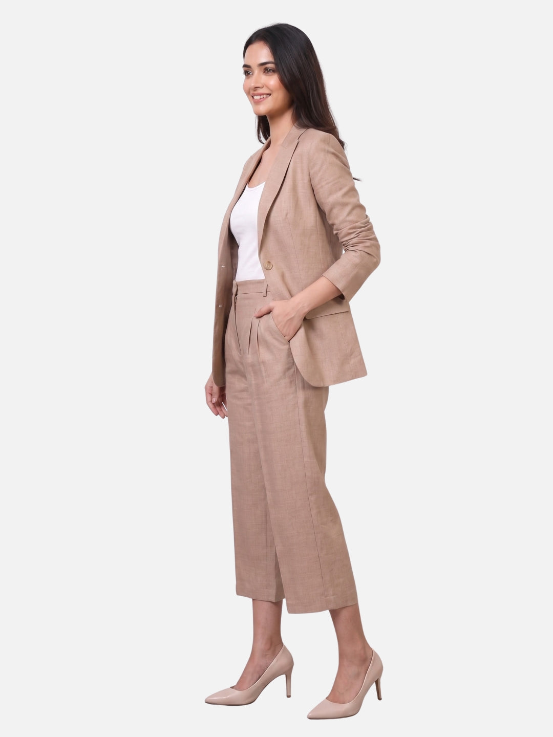 Exude Beige Linen Blazer &amp; Culottes Co-ord Set