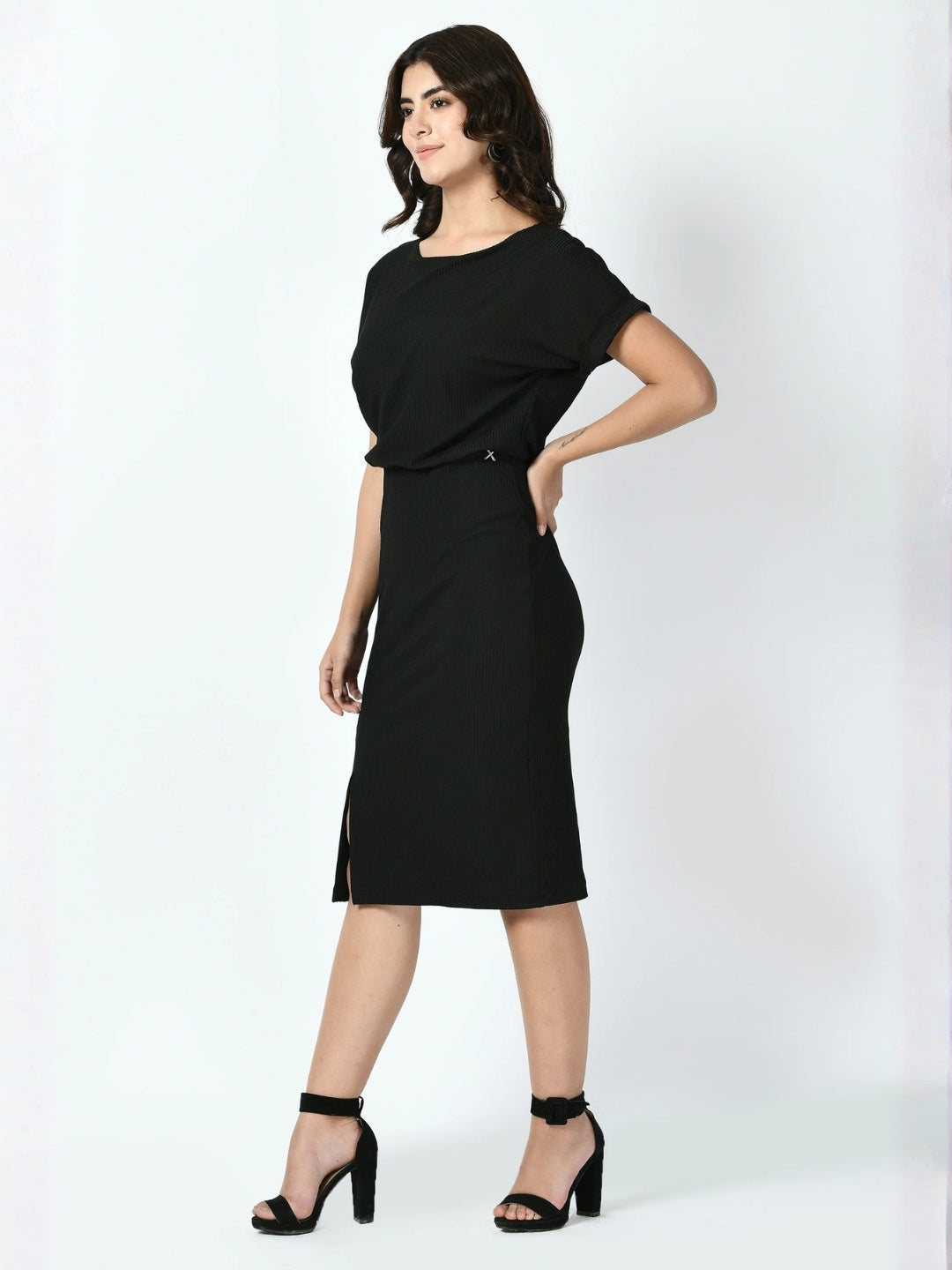 Exude Enigma Ribbed Blouson Dress Black Dresses