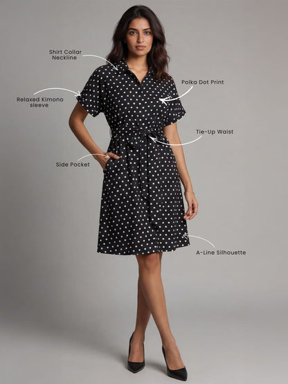 Exude Midnight Polka Tie knot dress