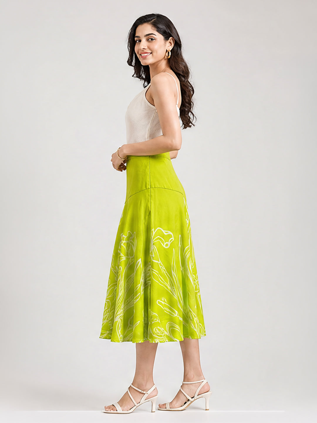 Lime Green Floral Line Art A-Line Midi Skirt