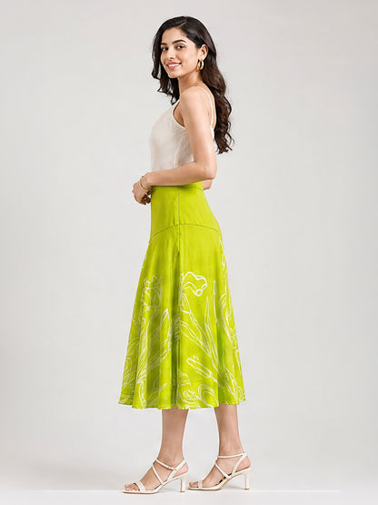 Lime Green Floral Line Art A-Line Midi Skirt