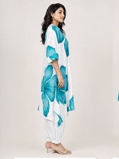 White &amp; Blue Floral Printed Kaftan Co-Ord Set