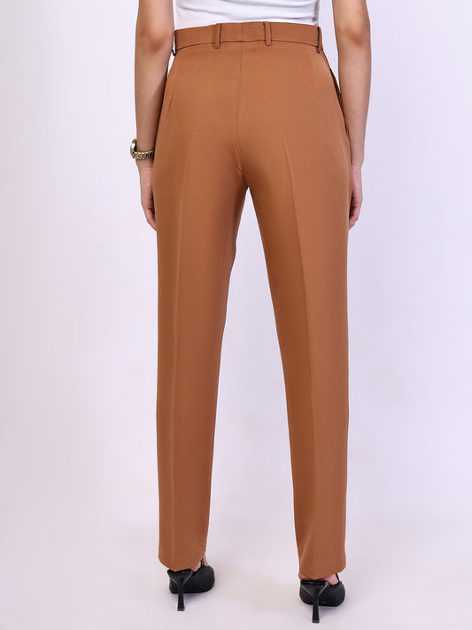 Exude Timeless Threads Straight Fit Trousers with Pockets (Tan Brown)