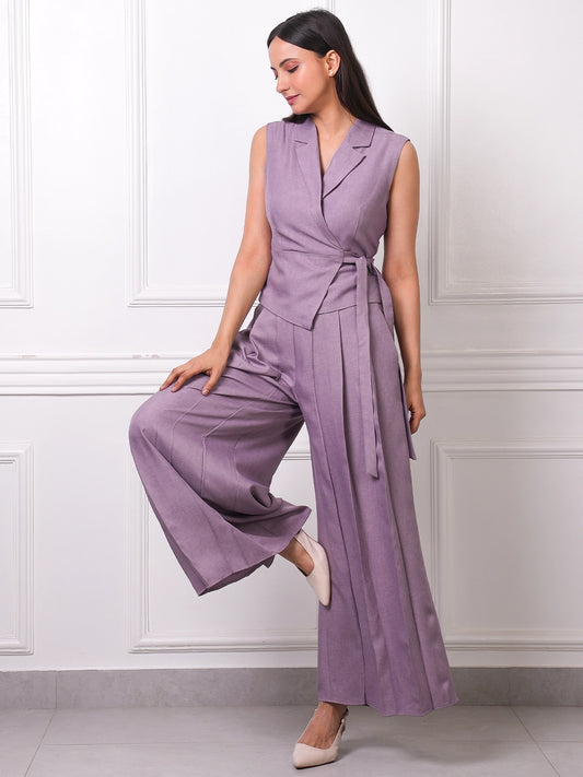 Lilac Linen Wrap Vest & Wide-Leg Pants Co-ord Set