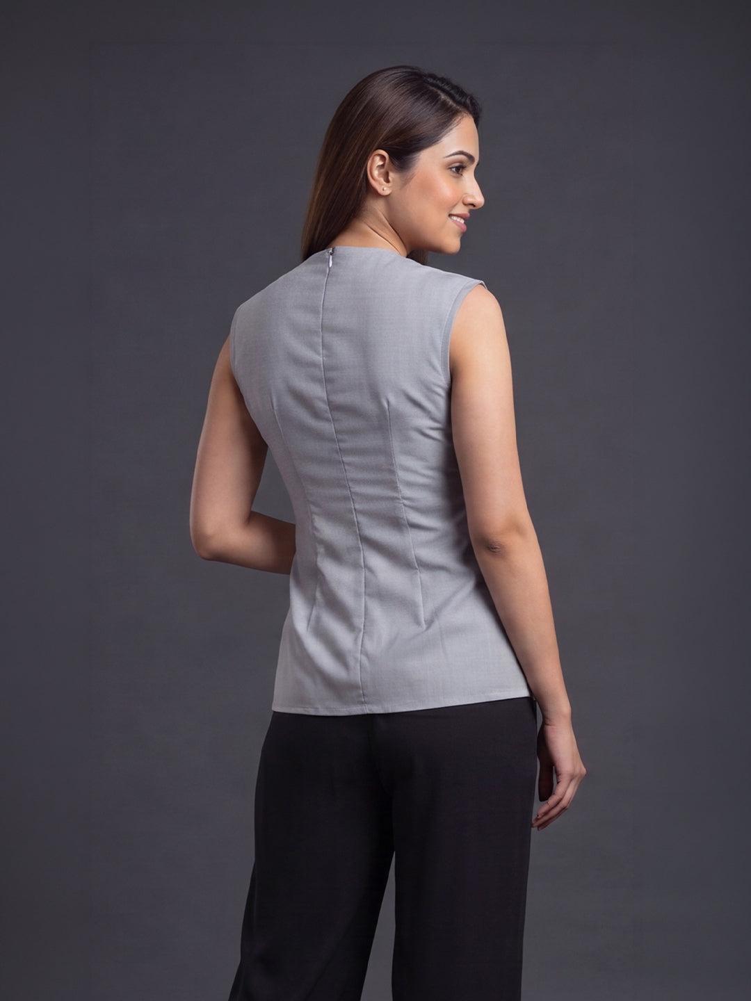 Grey Wrap-Style Sleeveless Top with Pleated Waistband