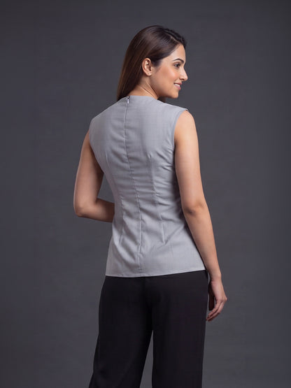 Grey Wrap-Style Sleeveless Top with Pleated Waistband
