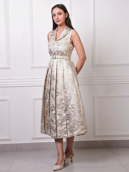 Gold Jacquard Belted Midi Dress