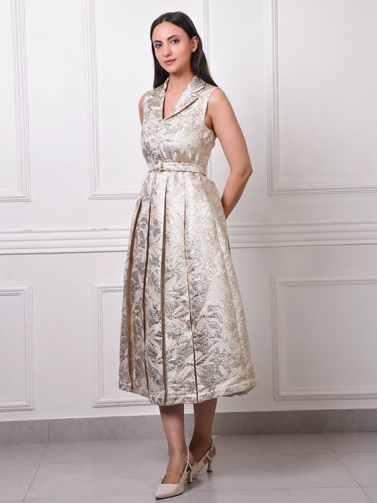 Gold Jacquard Belted Midi Dress