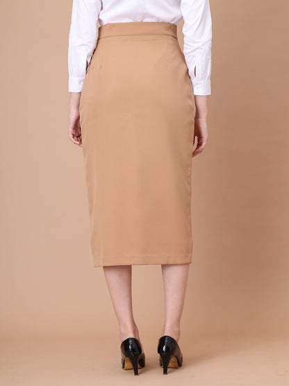 Exude Unstoppable Grace Midi Skirt With Front Slit (Beige)