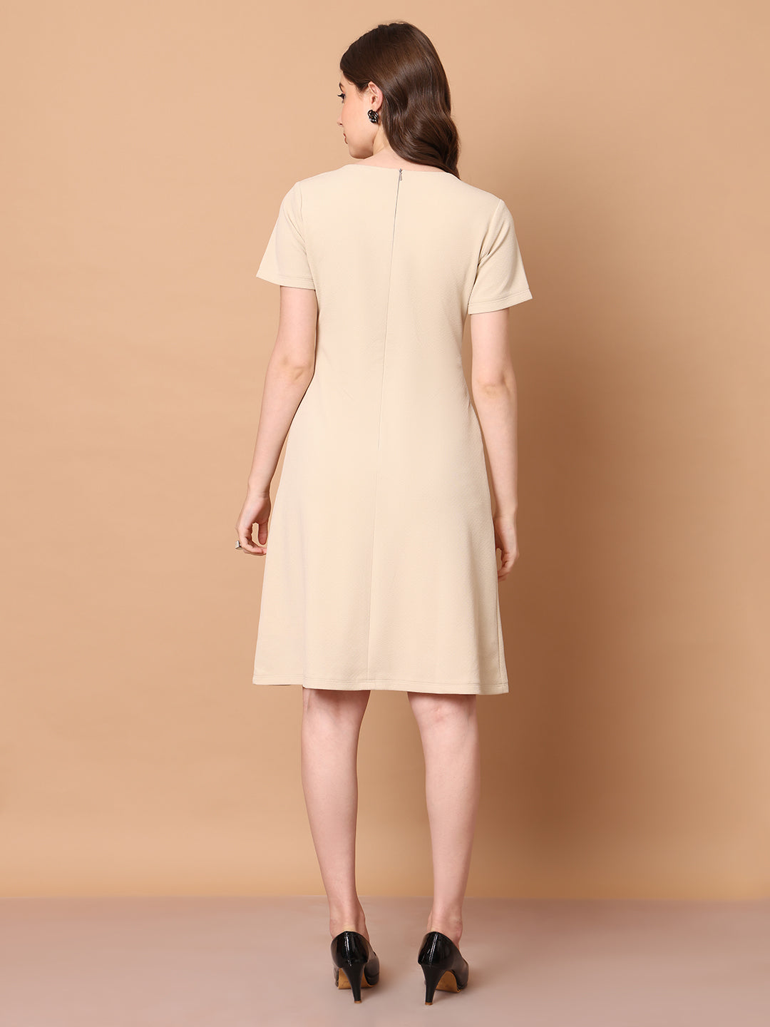 Exude Celebration A-line Zip Dress With Pockets (Beige)