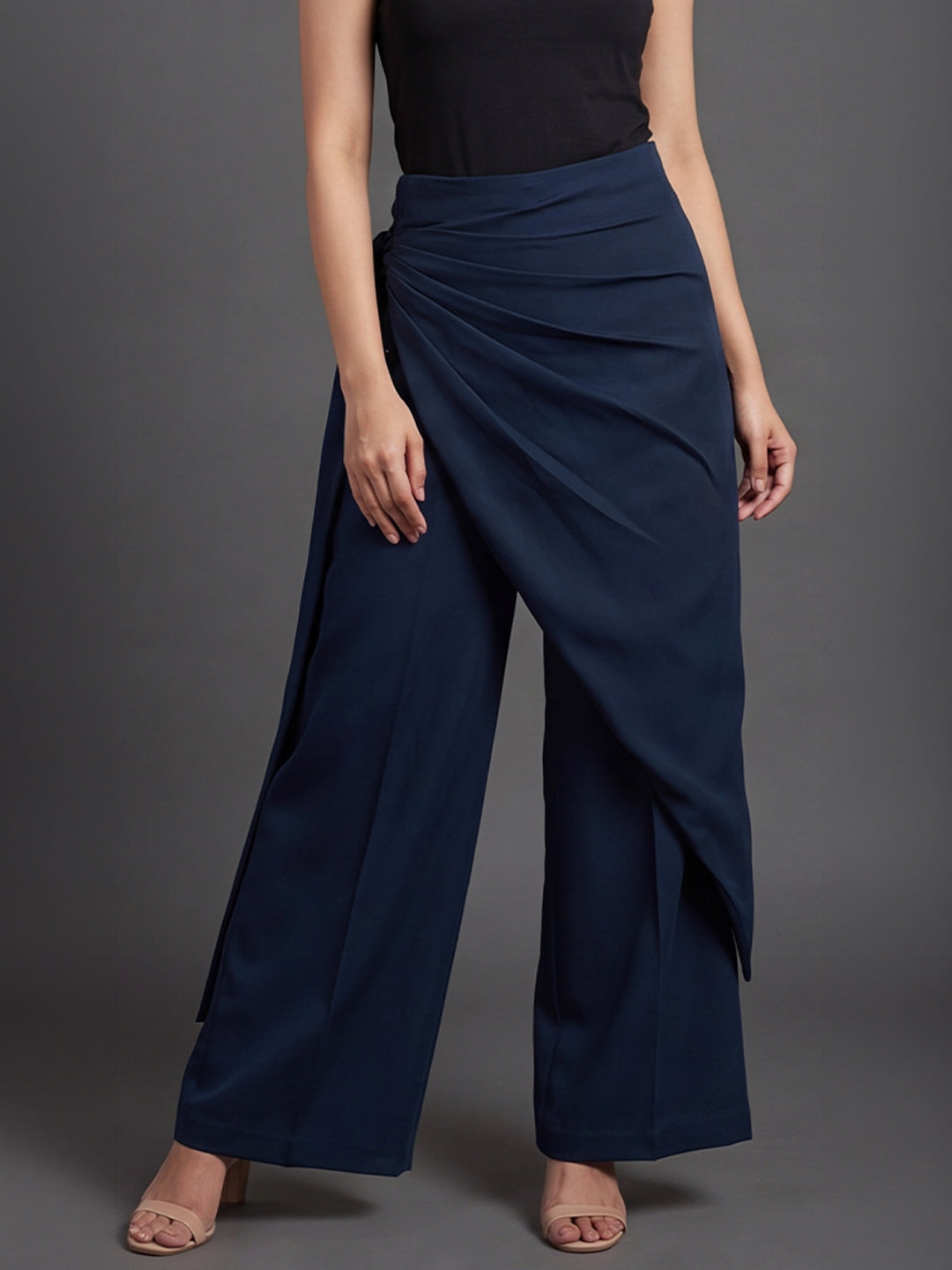 Navy Blue Draped Wrap Wide Leg Trousers with Tie Detail