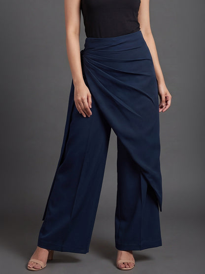 Navy Blue Draped Wrap Wide Leg Trousers with Tie Detail