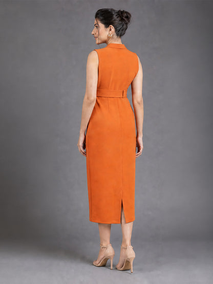 Rust Orange Belted Midi Sheath Dress with Lapel Neckline
