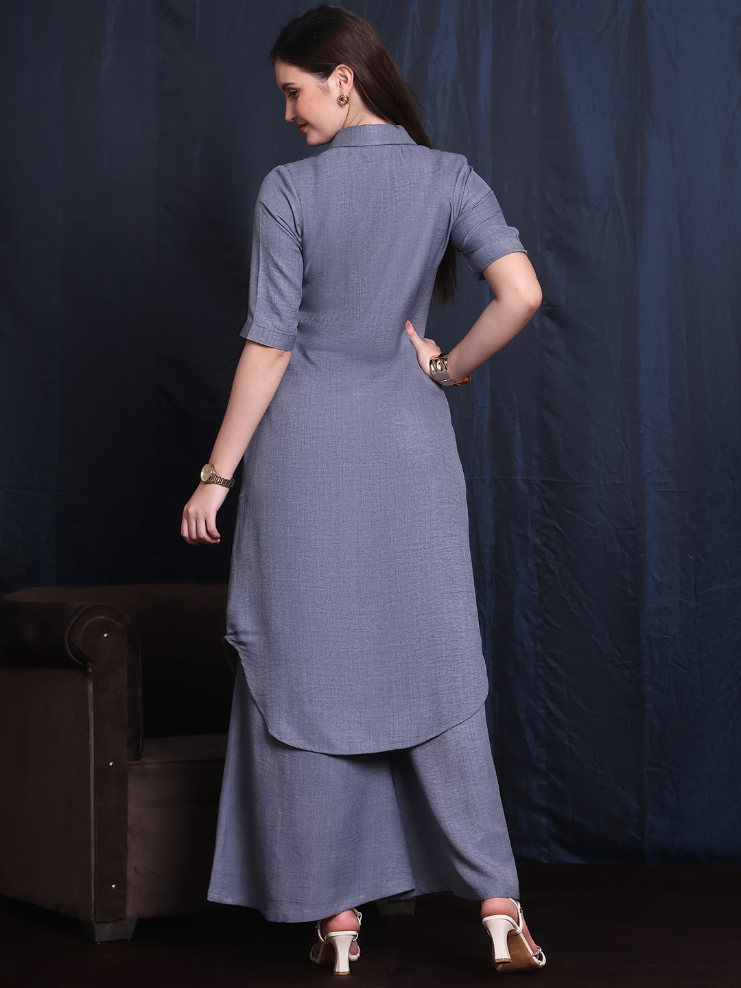 Exude Brave Heart Linen Wide Leg and Collar Top Set 